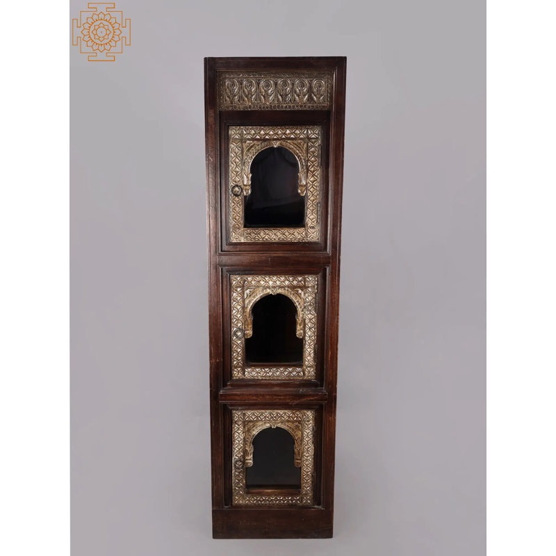 Armoire de rangement 68 "en bois rétro fabriquée à la main 68" avec finition en teck antique et détails en laiton