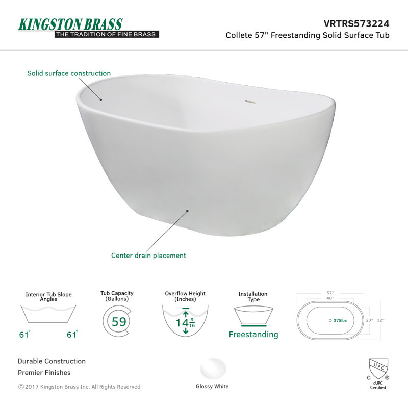 Kingston Brass Arcticstone Solid Surface Oval Double Slipper Freestanding Tub with Drain, 32.31" H x 56.31" W x 23.63" D