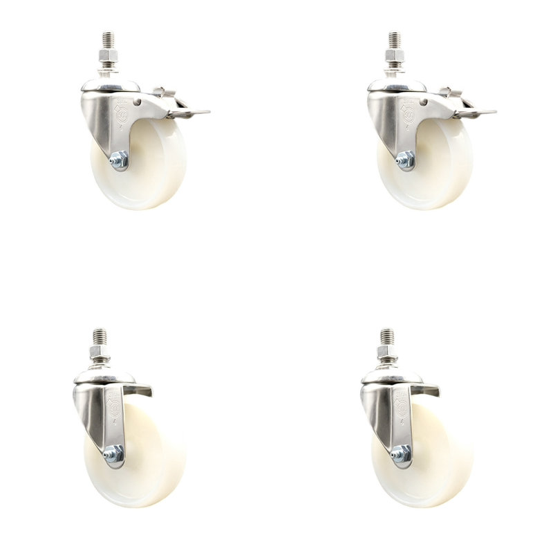 316SS Nylon Wheel Swivel Threaded Stem Caster Set 2 Lock Brake