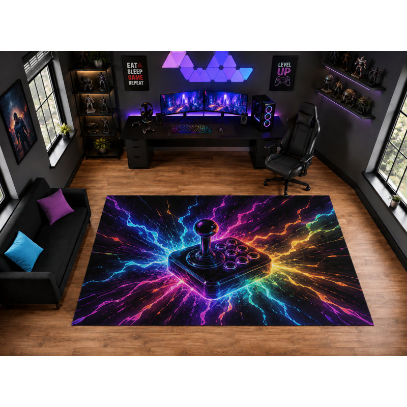 Tapis d'arcade ultra-léger de 200 x 300 cm (6'7" x 9'10") à motifs de joysticks colorés, idéal pour la décoration de salle de jeux. Tapis d'intérieur doux à poils courts avec envers antidérapant en silicone, noir multicolore.