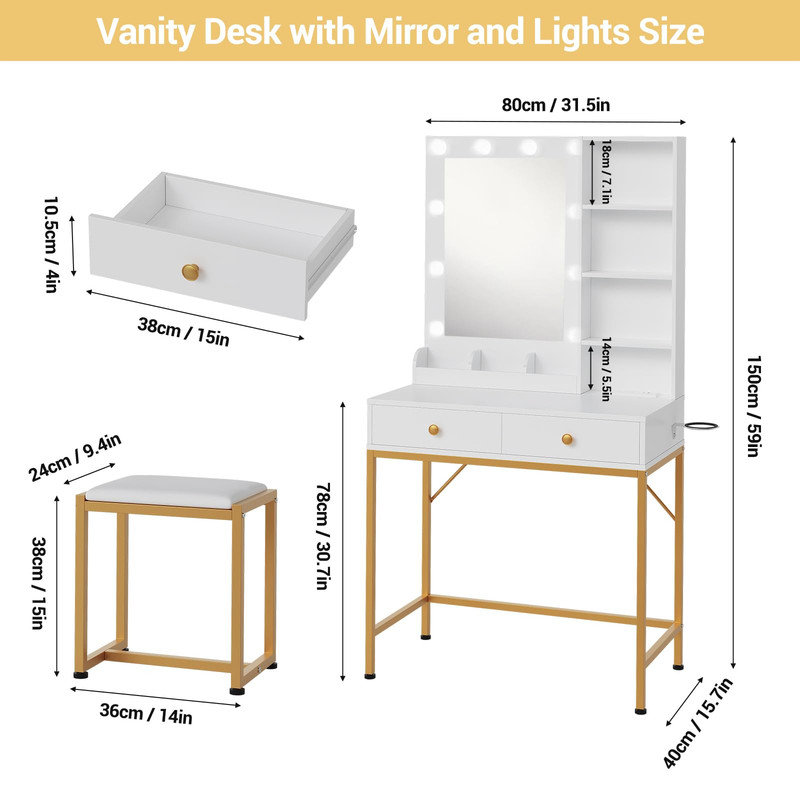 Coiffeuse de maquillage blanche et dorée avec miroir lumineux, tabouret, station de charge et tiroirs