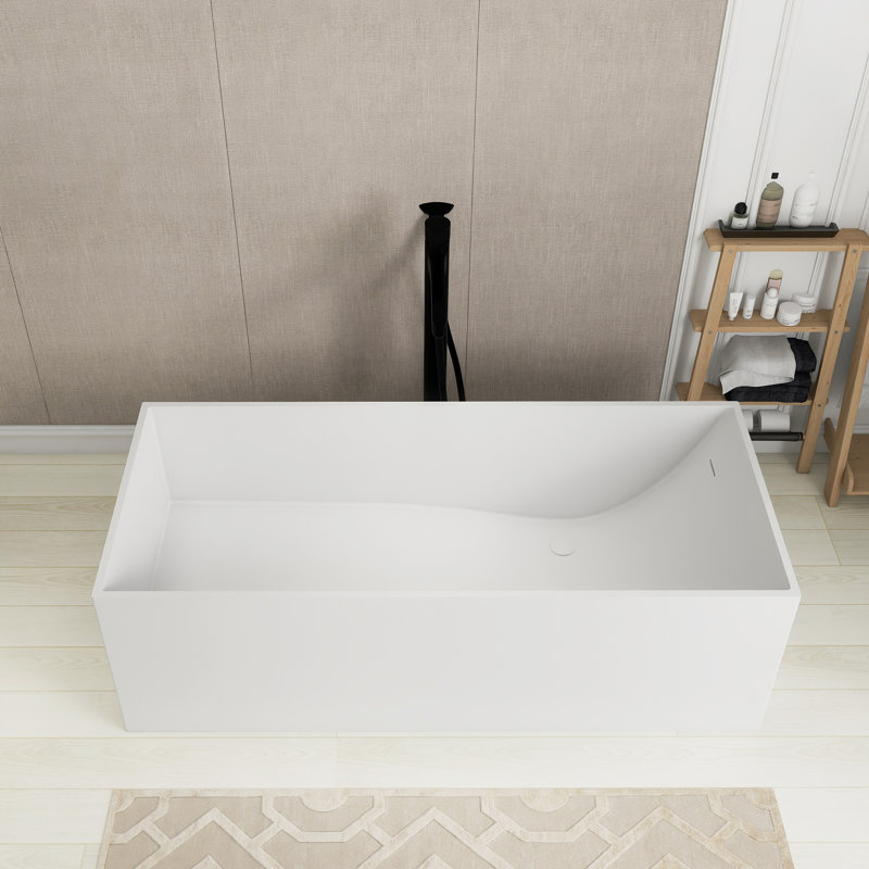 Baignoire de trempage autoportante 66,9 pouces, rectangulaire, surface blanc mat, surface solide, design ergonomique