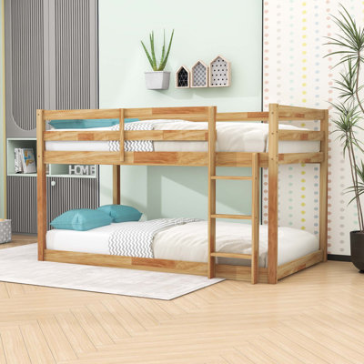 Twin Over Twin Wood Floor Bunk Bed With Strengthened Slats,  Ladder And Guardrails