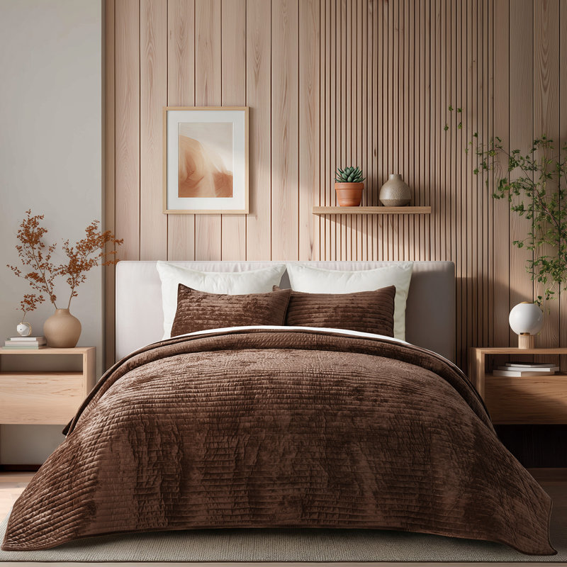 Luxe Velvet Channel Quilt Set, California King, Rust Brown