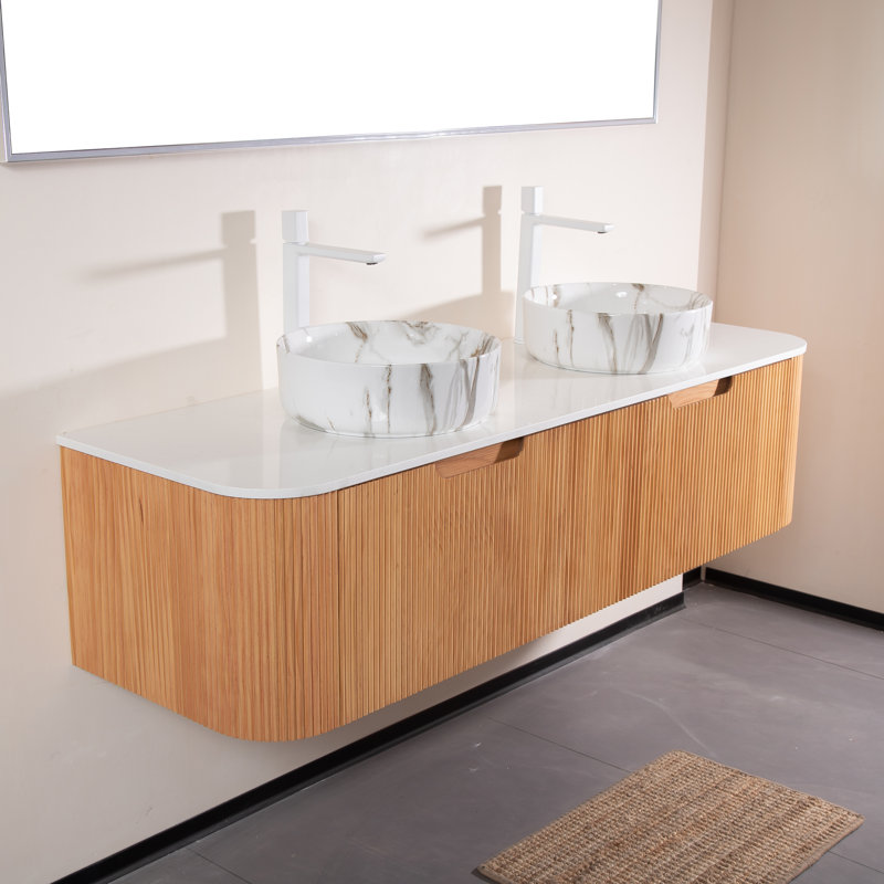 Ensemble de meuble-lavabo double 60 po avec panneaux 3D mat, lavabos en céramique et tiroirs à fermeture en douceur - pré-assemblé 60 po