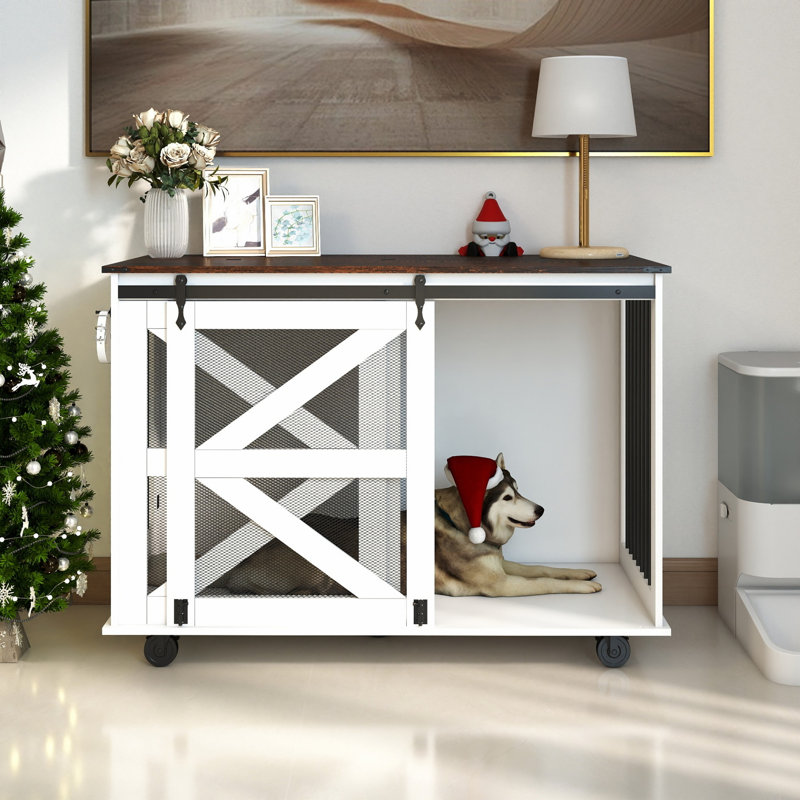 Storage Cabinet, Mobile Dog Crate With Flip-Top Feeding Door, Accent Cabinet With 5 Caster System