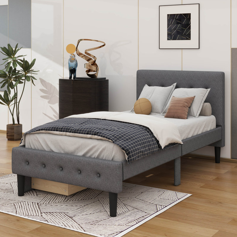 Lit plateforme tapissier simple avec 2 tiroirs, Gris