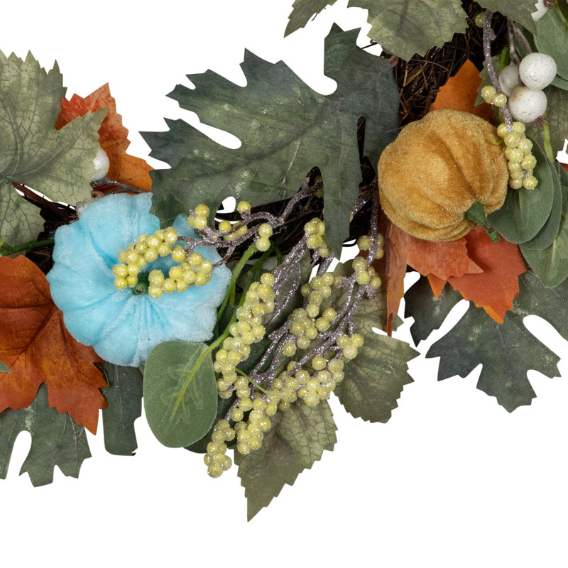 Green and Orange Foliage and Gourds Thanksgiving Artificial Wreath 22-Inch