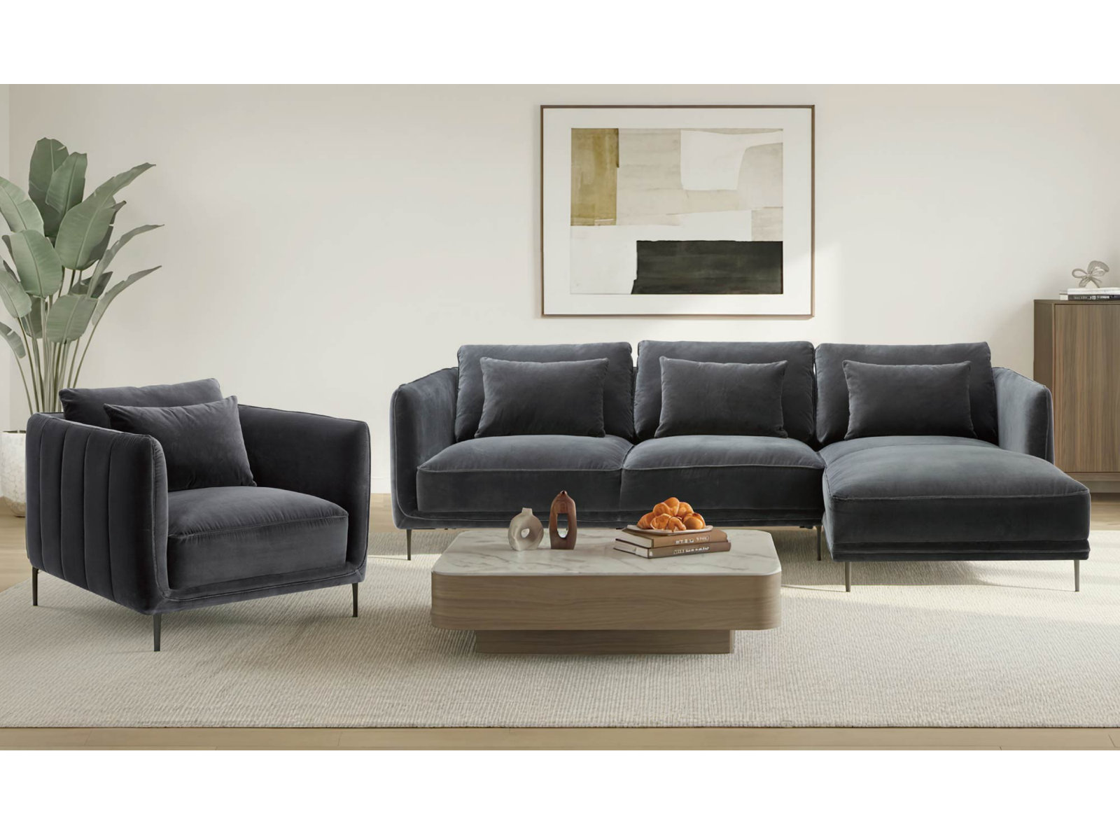 Rae 3 Piece Upholstered Living Room Set, Right Hand Facing, Falkirk Gray