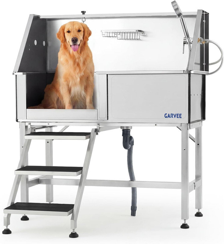 Station de lavage pour chiens en acier inoxydable de 46 po, baignoire de toilettage robuste avec escalier, porte gauche / droite