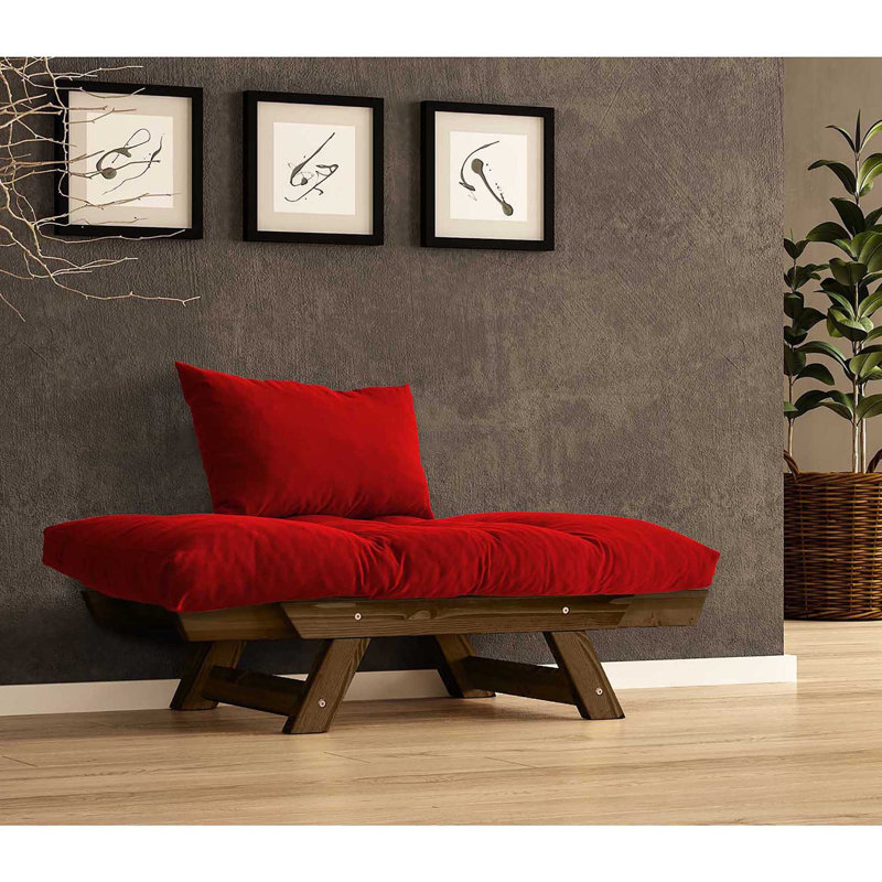 Canapé convertible d'extérieur en bois de pin 1 place avec coussins en lin imperméables, Rouge, Noyer