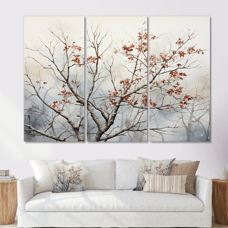 Brun brun, oiseaux printaniers - art mural arbre, H 28 po x l 36 po x P 1 po, Toile tendue
