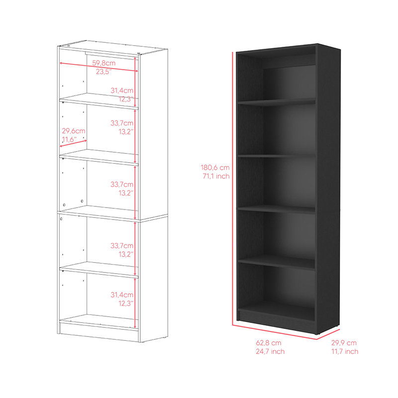 Bibliothèque à 4 tablettes, bureau, Noir
