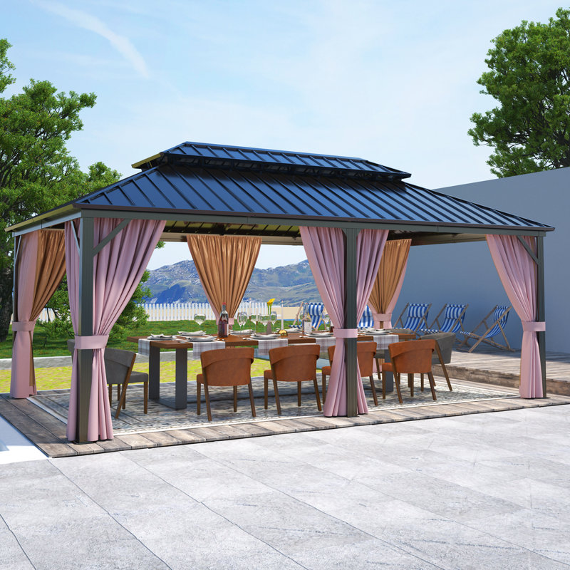 EAGLE PEAK 12x14 Brown Aluminum Frame Hardtop Gazebo with Curtains
