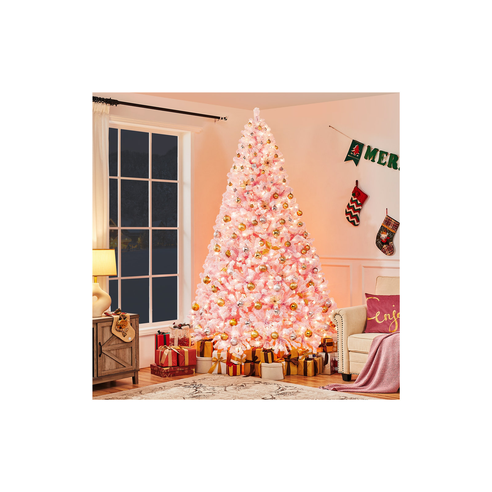 Pre-lit Flocked Artificial Christmas Tree with Foldable Stand, 9'