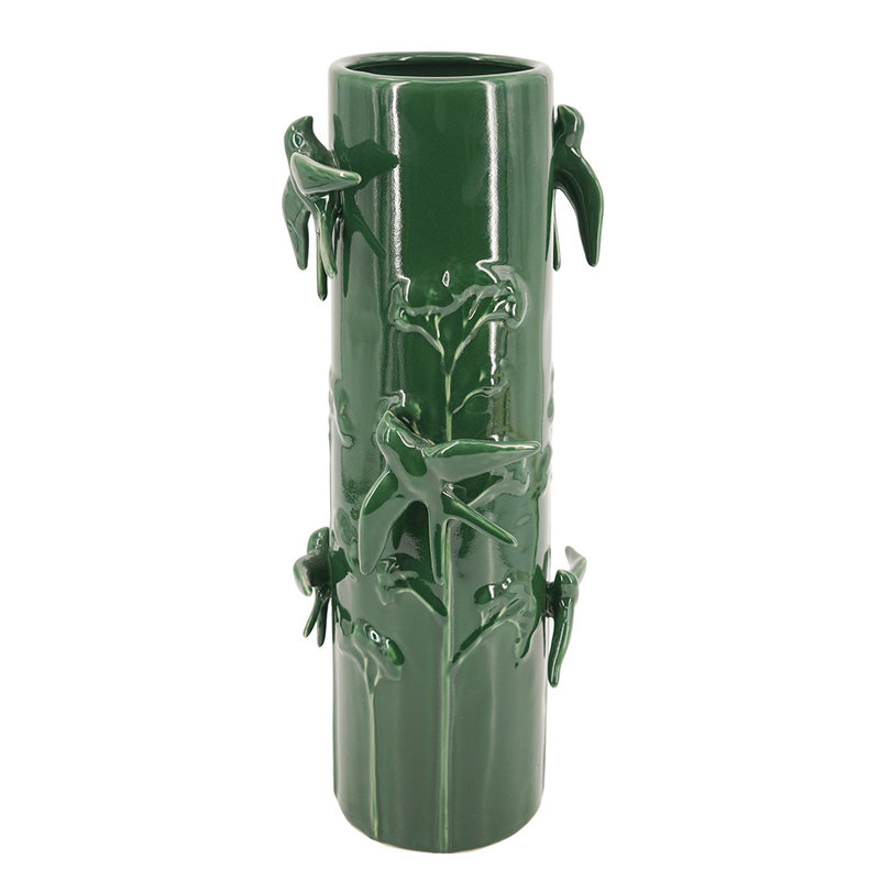 Grand vase en céramique vert D7.9x18.9 "avec des oiseaux et des vignes sculptés
