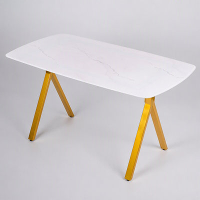 Rectangular Dining Table with Tempered Glass Top and Marble Pattern, Golden Metal Legs for Elegant Restaurant Settings