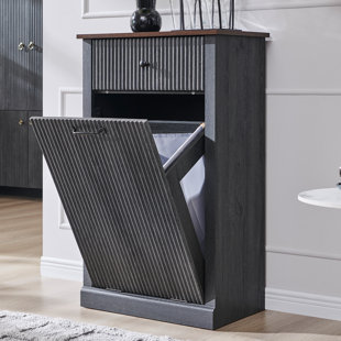  Modern Tilt Out Laundry Hamper Cabinet,10 Gallon Fluted Wooden Garbage Can Cabinet with Drawers  (Includes 1pc laundry basket)