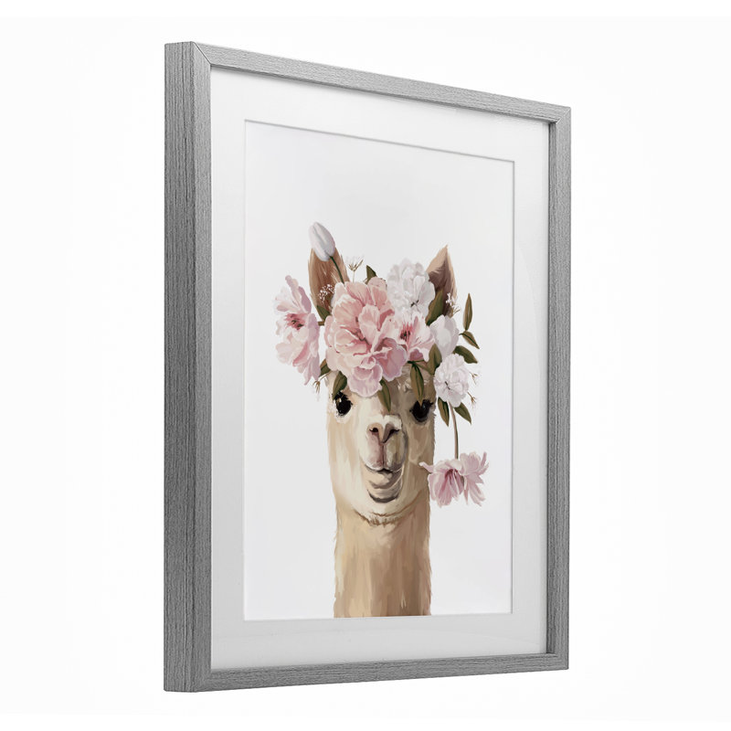 «Llama with Soft Flowers», reproduction encadrée sous verre, design par Anna Lischenko, Cadre de ferme gris