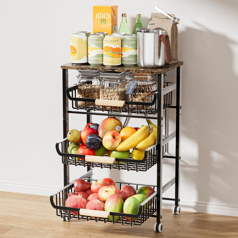 Fruit Basket for Kitchen, 4-5Tier Slide Out Metal Storage Baskets Carts Organizers Drawers with Wood Top and Handle with Rolling Wheels for Snacks Vegetables