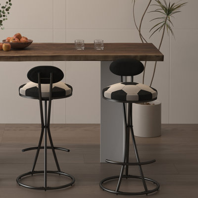 Ensemble de 2 tabourets de bar rembourrés en forme de S avec tabouret de bar rond en velours et imprimé football pour la cuisine et le salon (structure noire et dossier noir)