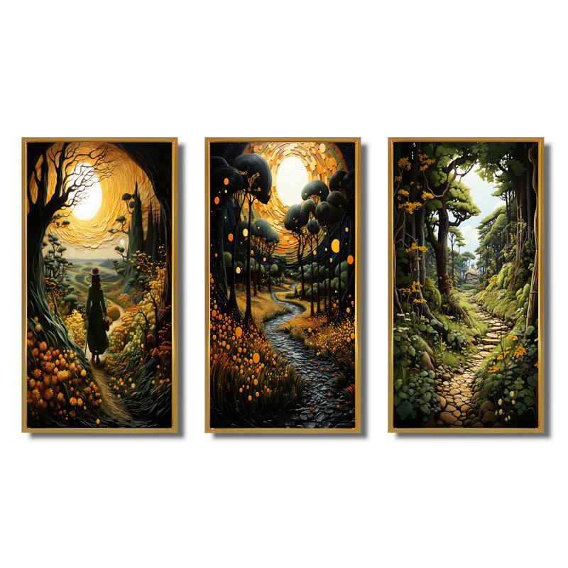 «Countryside Path Through The» - 3 pièces, H 20 po x l 36 po, Encadrement doré