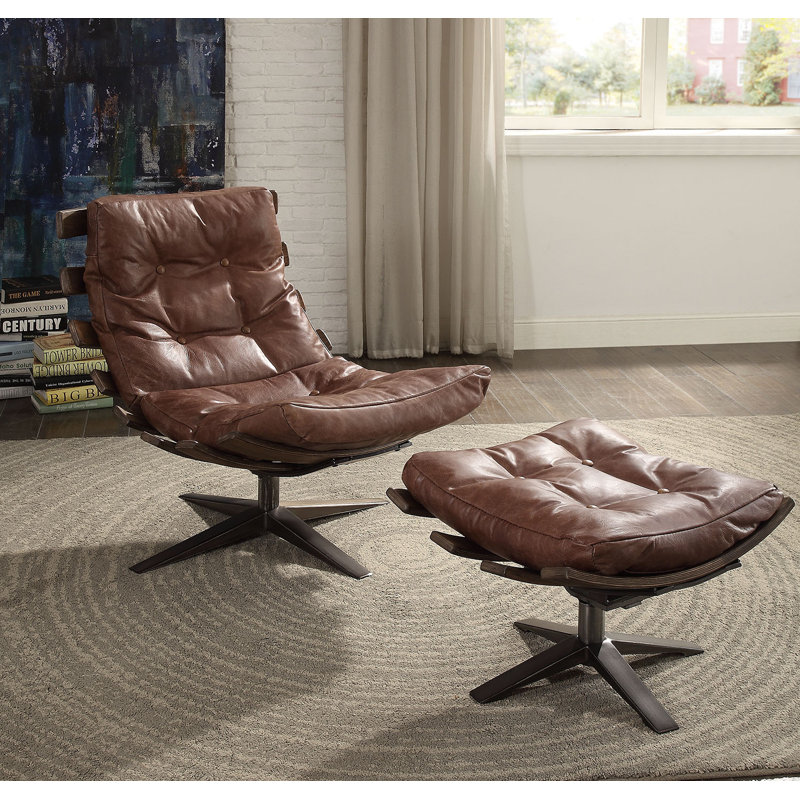Demartini Upholstered Swivel Accent Chair with Ottoman, Retro Brown Genuine Leather