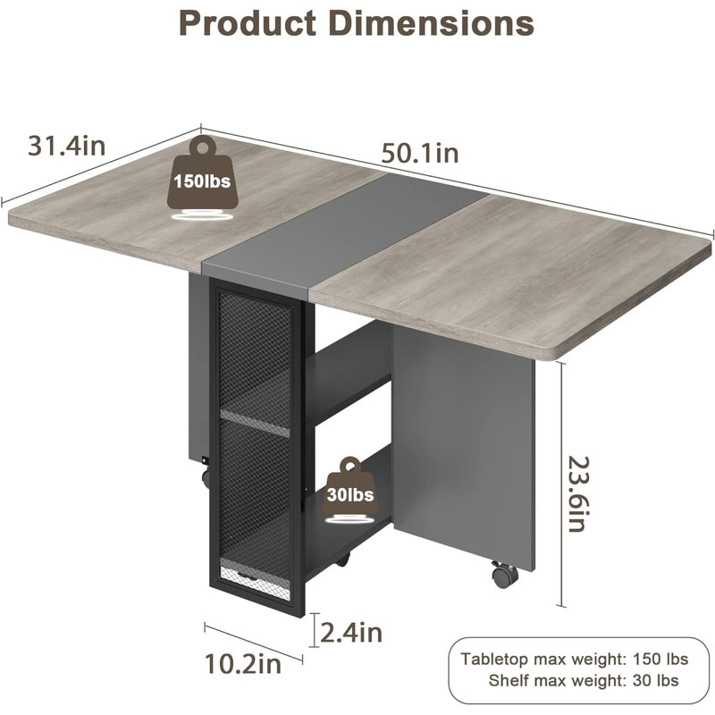 Space Saving Folding Dining Table With 2 Tier Storage-Extendable Drop Leaf Farmhouse Kitchen Dining Room Tables For 4, Collapsible Expandable Rectangle