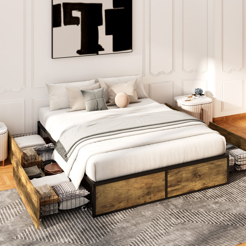 Ramjan Storage Bed Frame with 4 XL Drawers,No Box Spring Needed,Easy Assembly, Queen