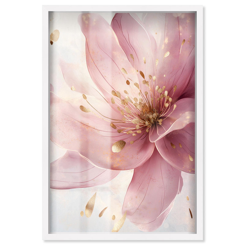 Art floral élégant, rose et doré, par Shadowbox, H 46 po x l 31 po, Blanc