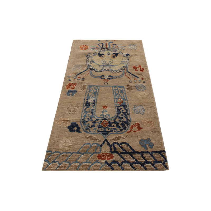 Rug & Kilim’S Chinese Tiger Runner In Beige And Blue Pictorial Patterns, Runner 3' x 10'