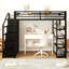 Lit mezzanine double en métal avec tablettes de rangement, armoires et garde-robe