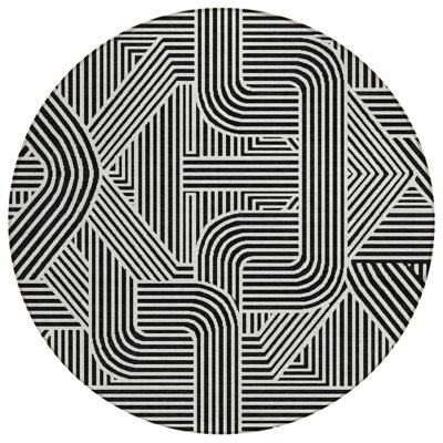 8' Black And Ivory Round Abstract Washable Indoor Outdoor Area Rug