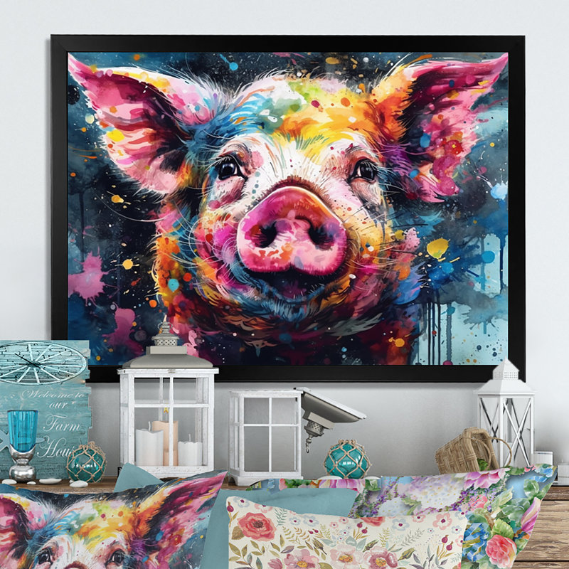 «Colorful Pig Portait», reproduction d'art sur toile cochon, Cadre simple noir, H 16 po x l 32 po x P 1 po