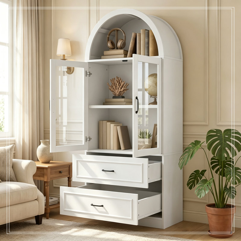 Armoire de rangement arquée avec portes en verre trempé et 2 grands tiroirs, White