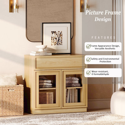 Armoire d'appoint moderne avec 2 portes en verre et tiroir, commode d'appoint multifonctionnelle avec grand rangement et tablette réglable