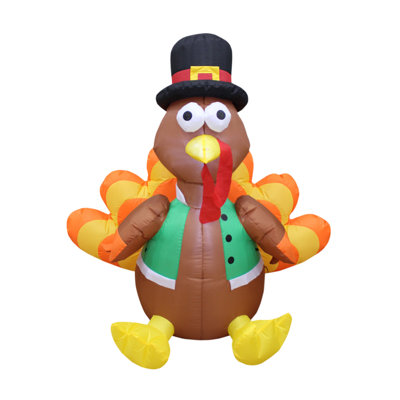 4 Foot Tall Happy Thanksgiving Inflatable Turkey with Pilgrim Hat Indoor / Outdoor Blow Up Holiday Yard Decoration