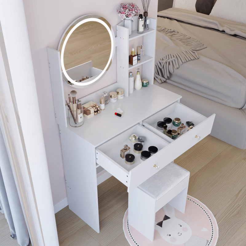 Round LED Mirror Vanity Table with Soft Cushion Stool, Touch Switch, 3 Colors, Adjustable Brightness, Large Desktop, White