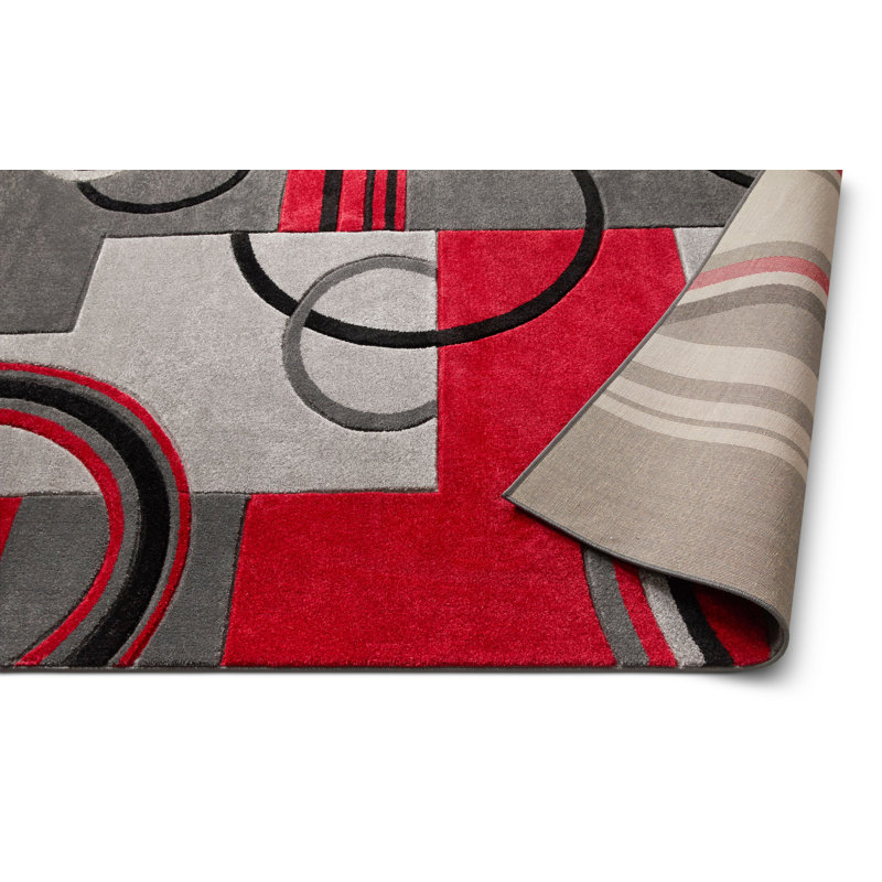 Tapis gris et rouge moderne à motif de courbes géométriques Shaliya Galaxy, Rectangle 2 pi x 3 pi