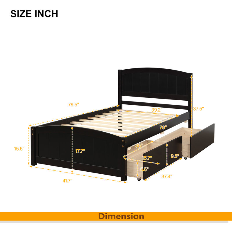 Lit plateforme simple avec deux tiroirs, Espresso