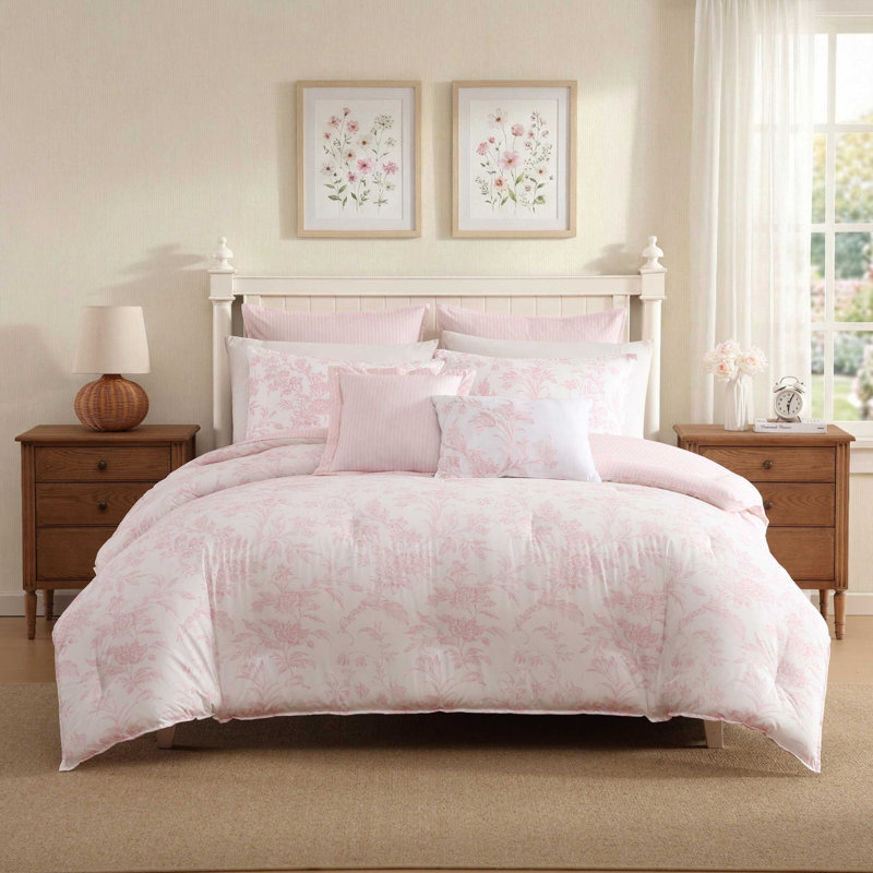 Ensemble d'édredon rose réversible Laura Ashley Natalie, Très grand édredon, 4 taies décoratives et 2 co, Rose