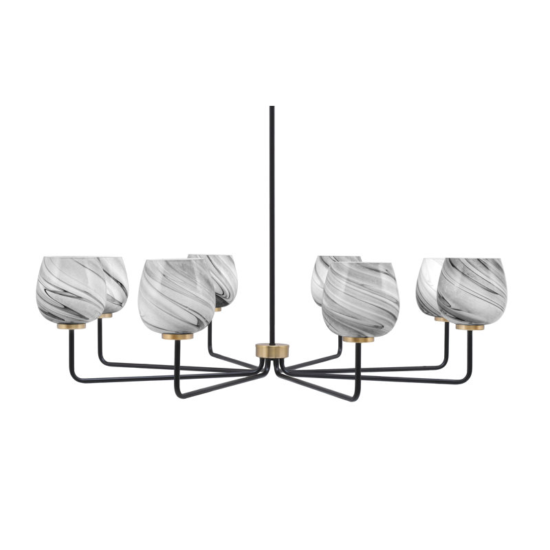 Lustre 8 lumières Amarmula, noir mat et laiton vieilli, verre tourbillon onyx 6 po, Noir/laiton
