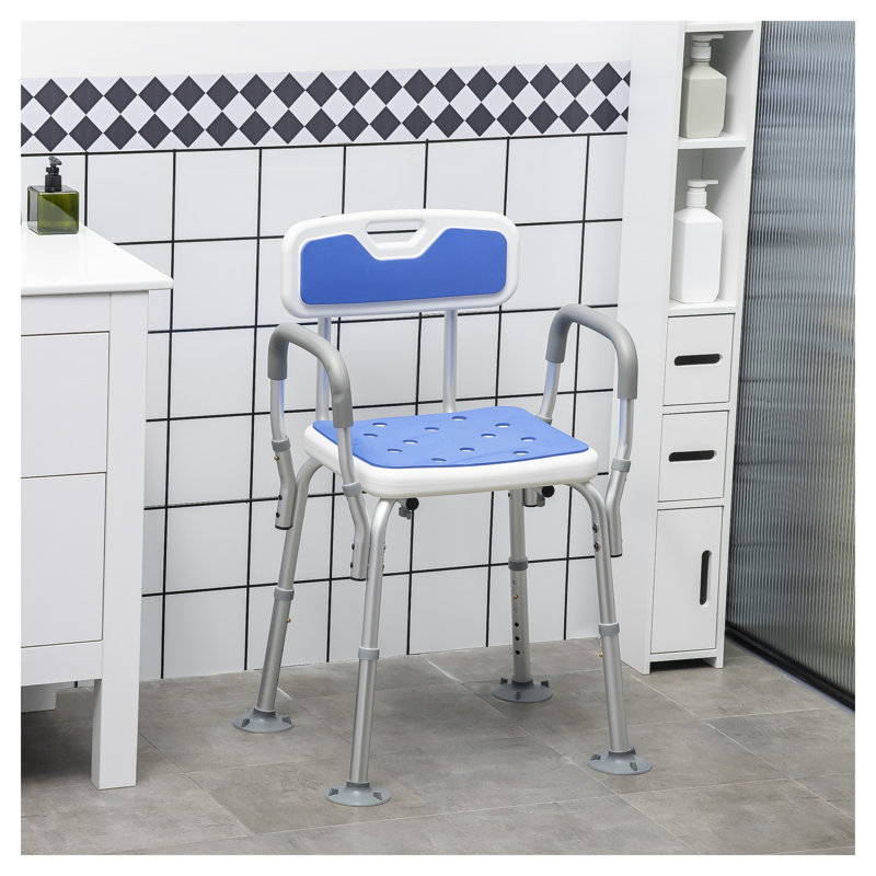 Chaise de douche à hauteur réglable avec dossier et accoudoirs HOMcom, siège de bain rembourré en EVA, structure en aluminium, bleu