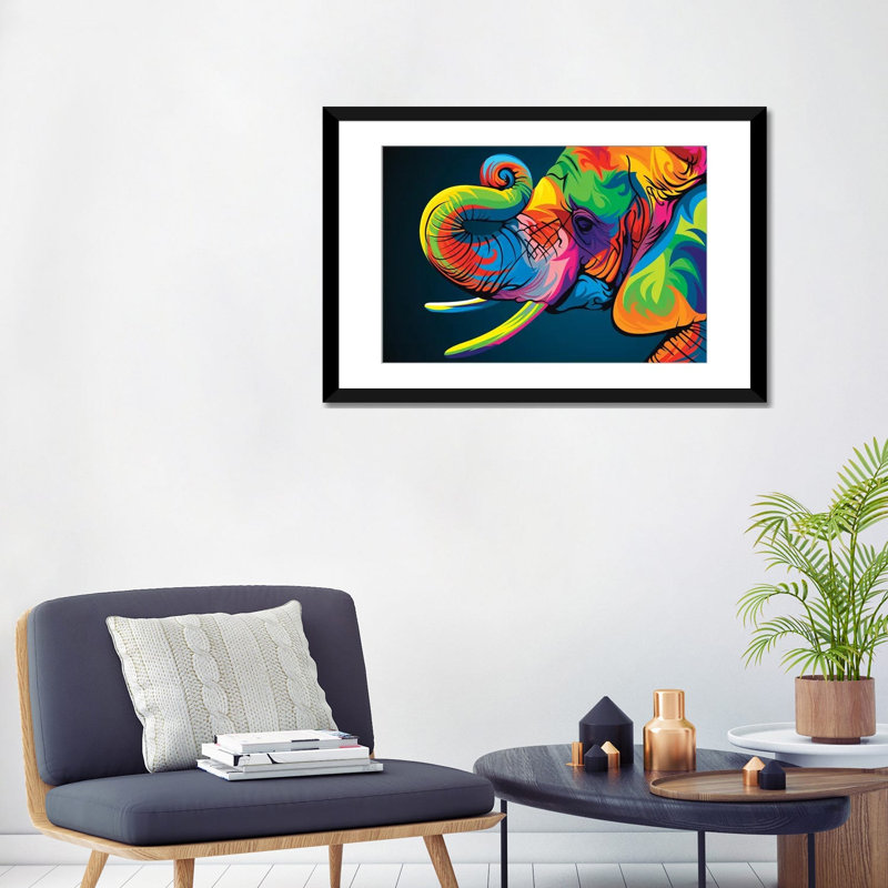 «Elephant», impression sur toile, H 24 po x l 32 po x P 1 po, Papier d'art encadré noir, Blanc