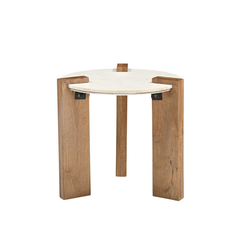 Table d'appoint à bout rond en marbre avec pieds blocs en bois brun