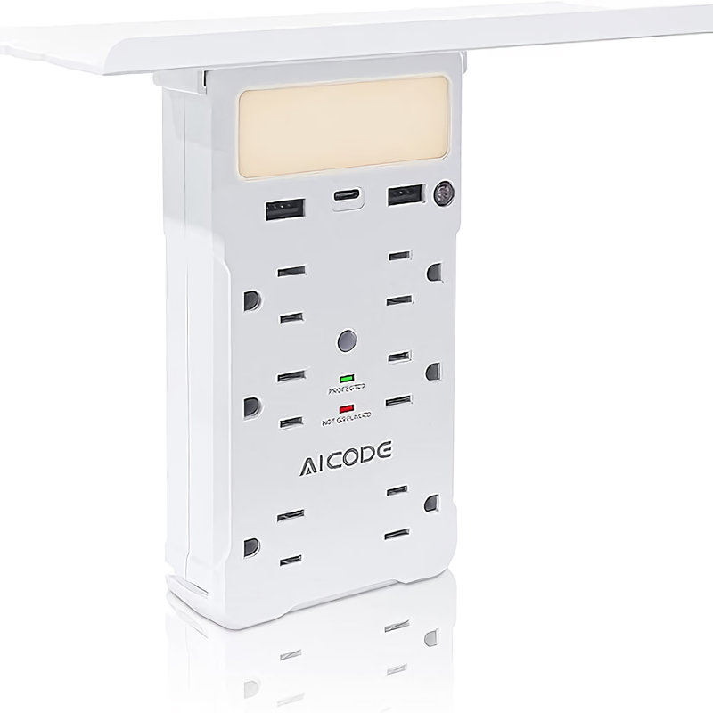 Extension de prise murale 9-en-1, 6 prises de courant alternatif, 2 ports USB, veilleuse et tablette pour la maison, le bureau