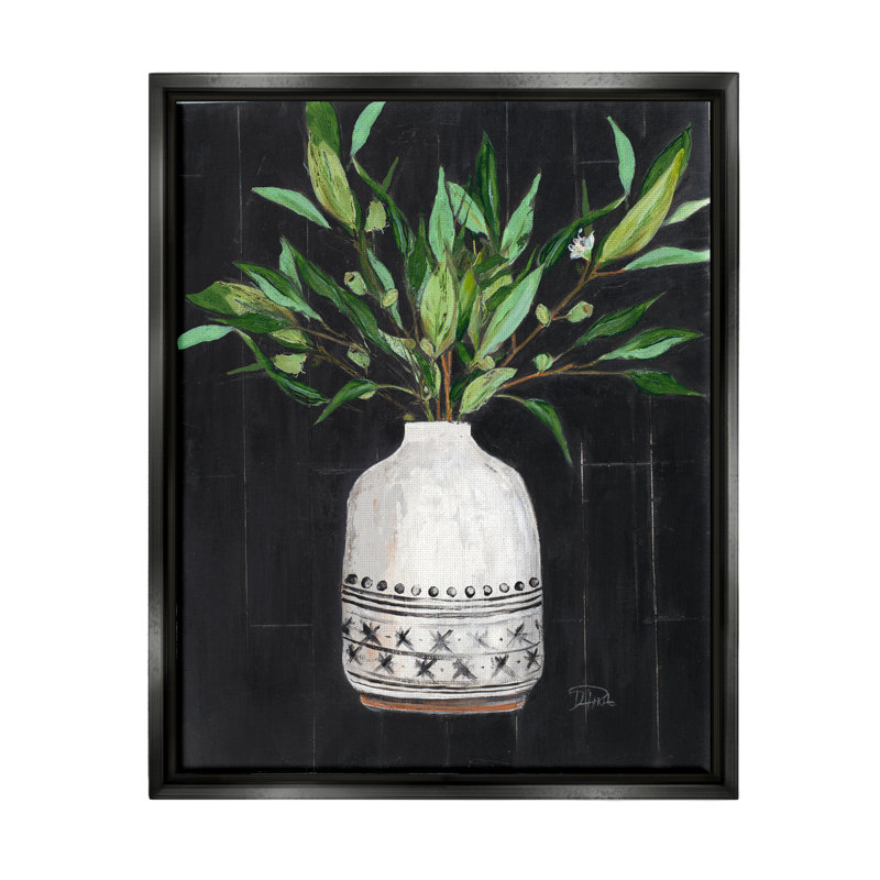Grand vase de poterie à motif de grandes feuilles botaniques par Patricia Pinto - peinture sur toile avec cadre flottant