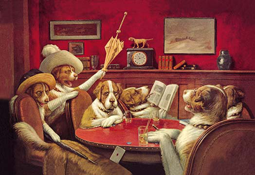« dog poker- "the dog is over"  » par c.m. coolidge, reproduction d’art, H 28 po x l 42 po x P 1,5 po