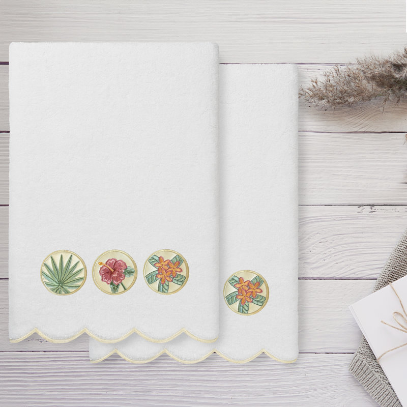  100% Turkish Cotton MAUI Scallop 2PC Embellished Bath Towel Set, Bath Towels - 2 Pack, White/Beige