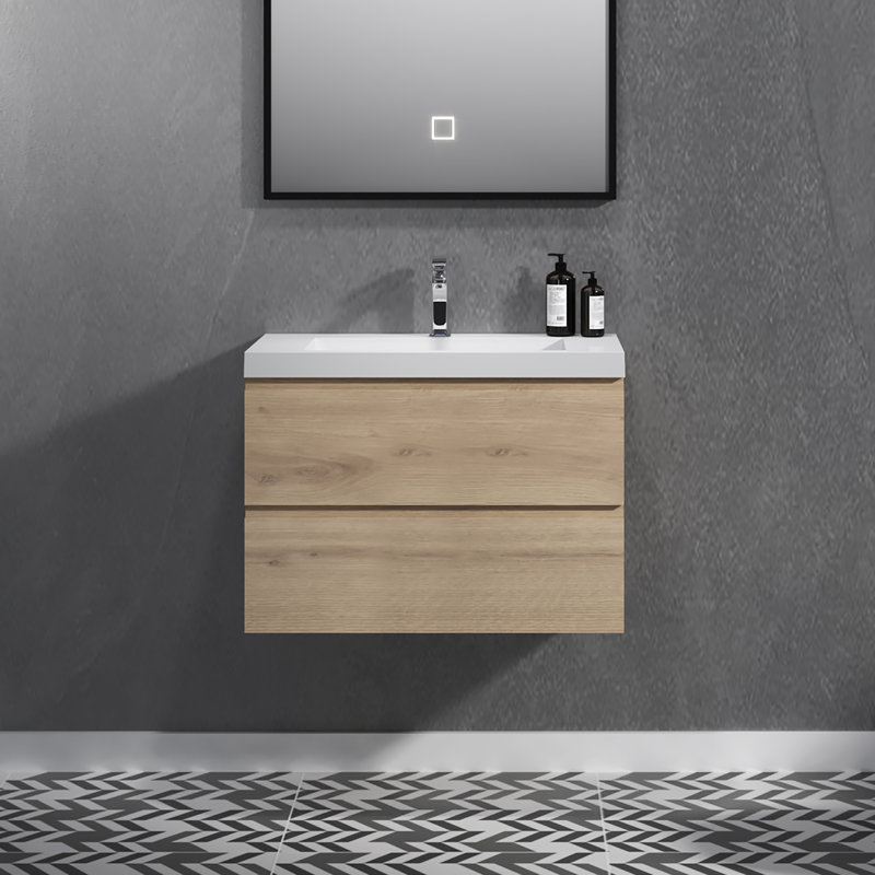 30" Floating Bathroom Vanity Modern Wall-Mounted Single Vanity with Integrated Resin Top, 2 Soft Close Drawers, Full Assembly